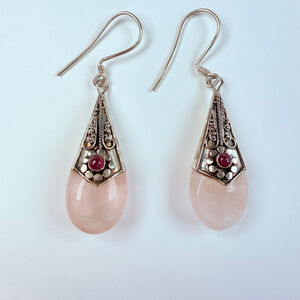 Rose Quartz & Ruby Tear Drop Bali Snowcap Sajen Style Sterling Silver Earrings